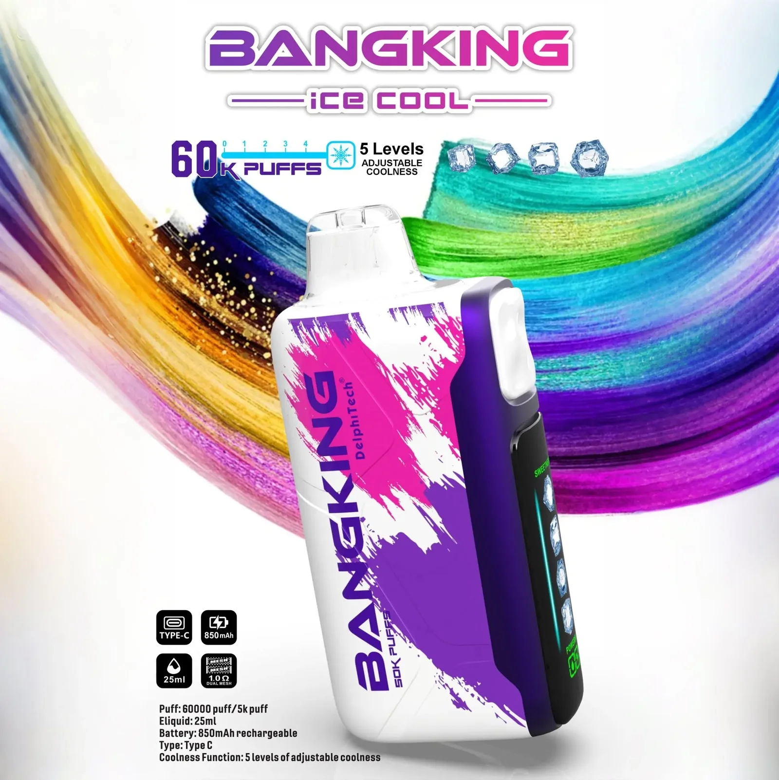 Bang King 60000 拋棄式電子煙|LED 螢幕顯示 × 五檔冰度調節|超長續航大容量・多款口味:圖片 2